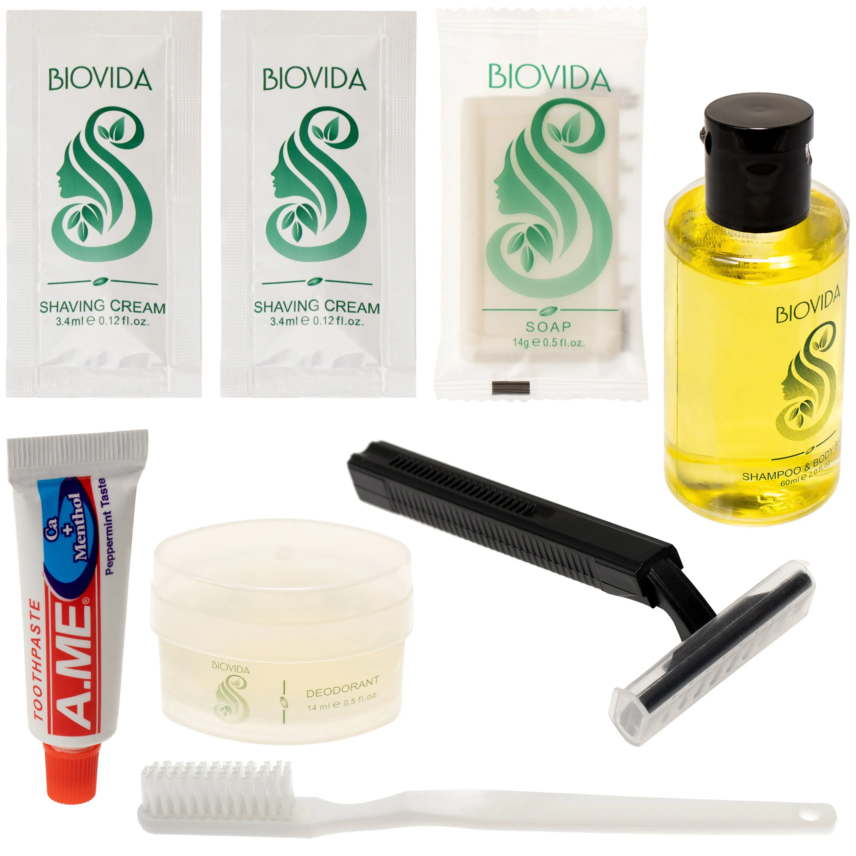 8 Piece Deluxe Wholesale Hygiene Kits - Bulk Travel Toiletries Case of 96 - Biovida Brand