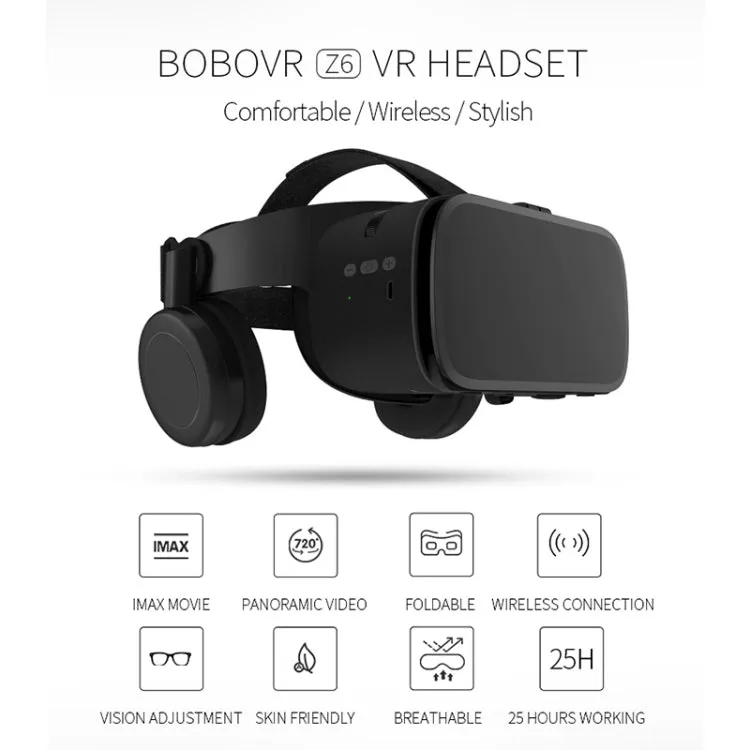 BOBOVR Z6 Virtual Reality 3D Video Glasses Suitable for 4.7-6.3 inch Smartphone with Bluetooth Headset (Black)