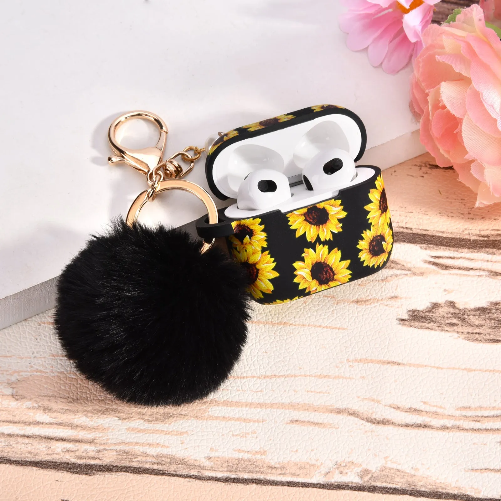 Silicone Case for Airpods 3 Case Generation 3rd with Pom Pom Keychain-Nature Designs